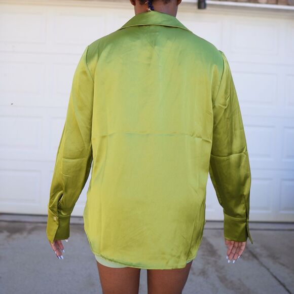 Rachel Zoe Lime Green Satin Button Down Blouse – Size L (NWT) - Picture 2 of 12